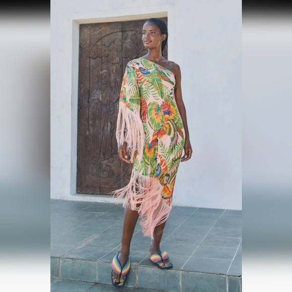 FARM Rio Dresses & Skirts - FARM Rio One-Shoulder Tropical Fringe Midi Dress - Green, Pink, Orange, Yellow